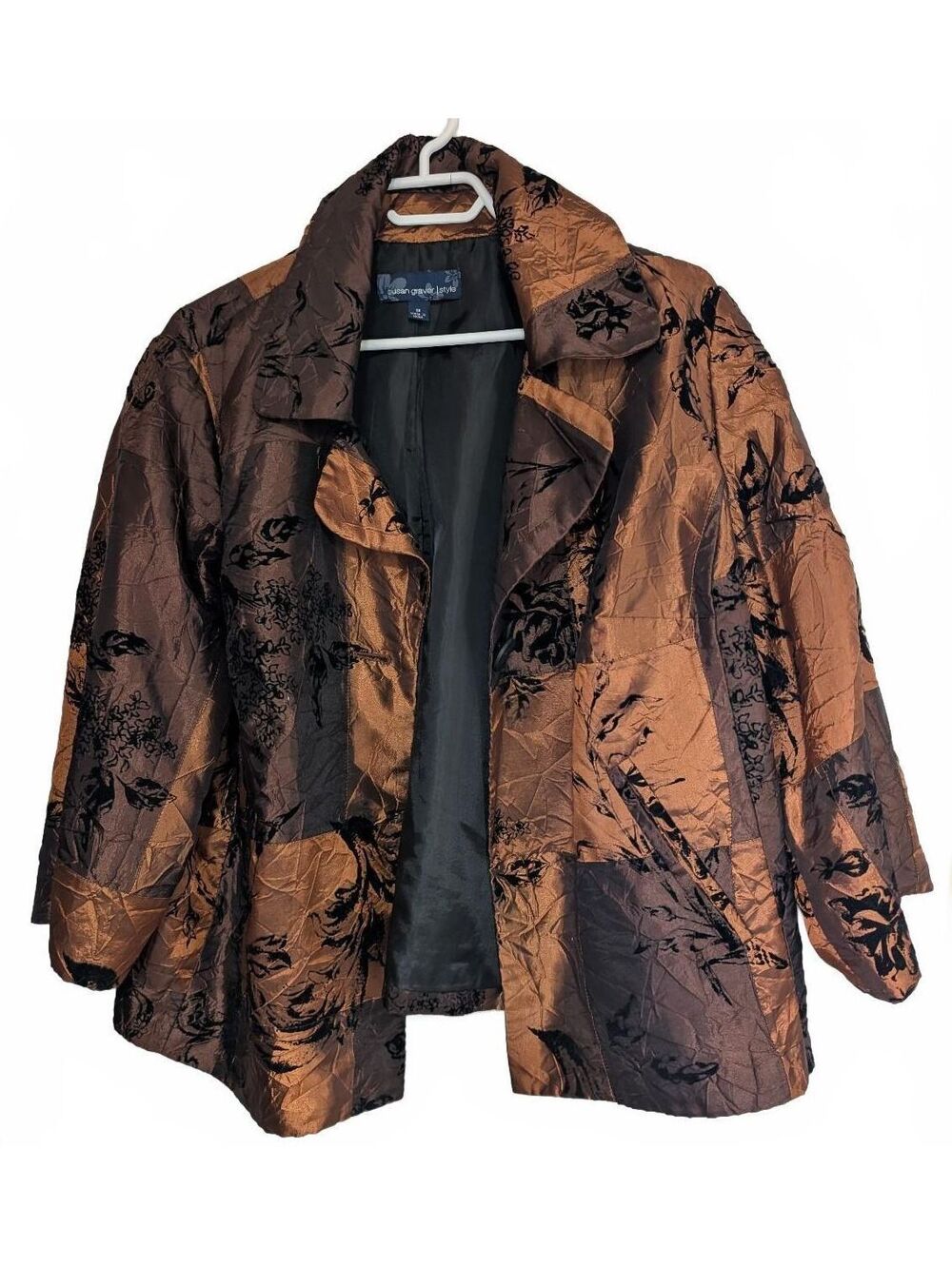 Susan Graver 1X Moody Floral Blazer Copper & Espresso Shimmer Jacket Open-Front